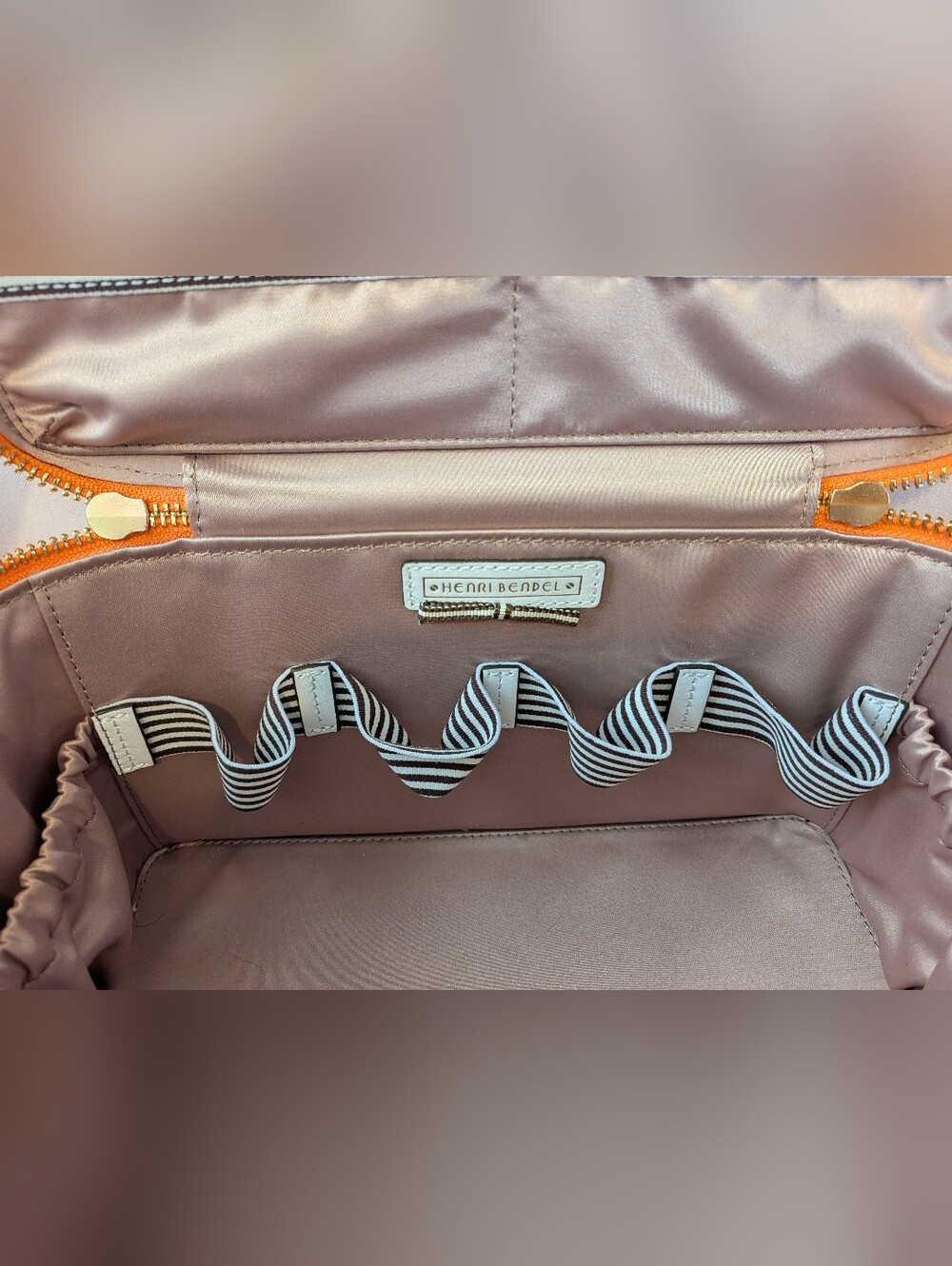 Henri Bendel Orange and Taupe Cosmetic Organizer with Striped Elastic - Picture 4 of 7
